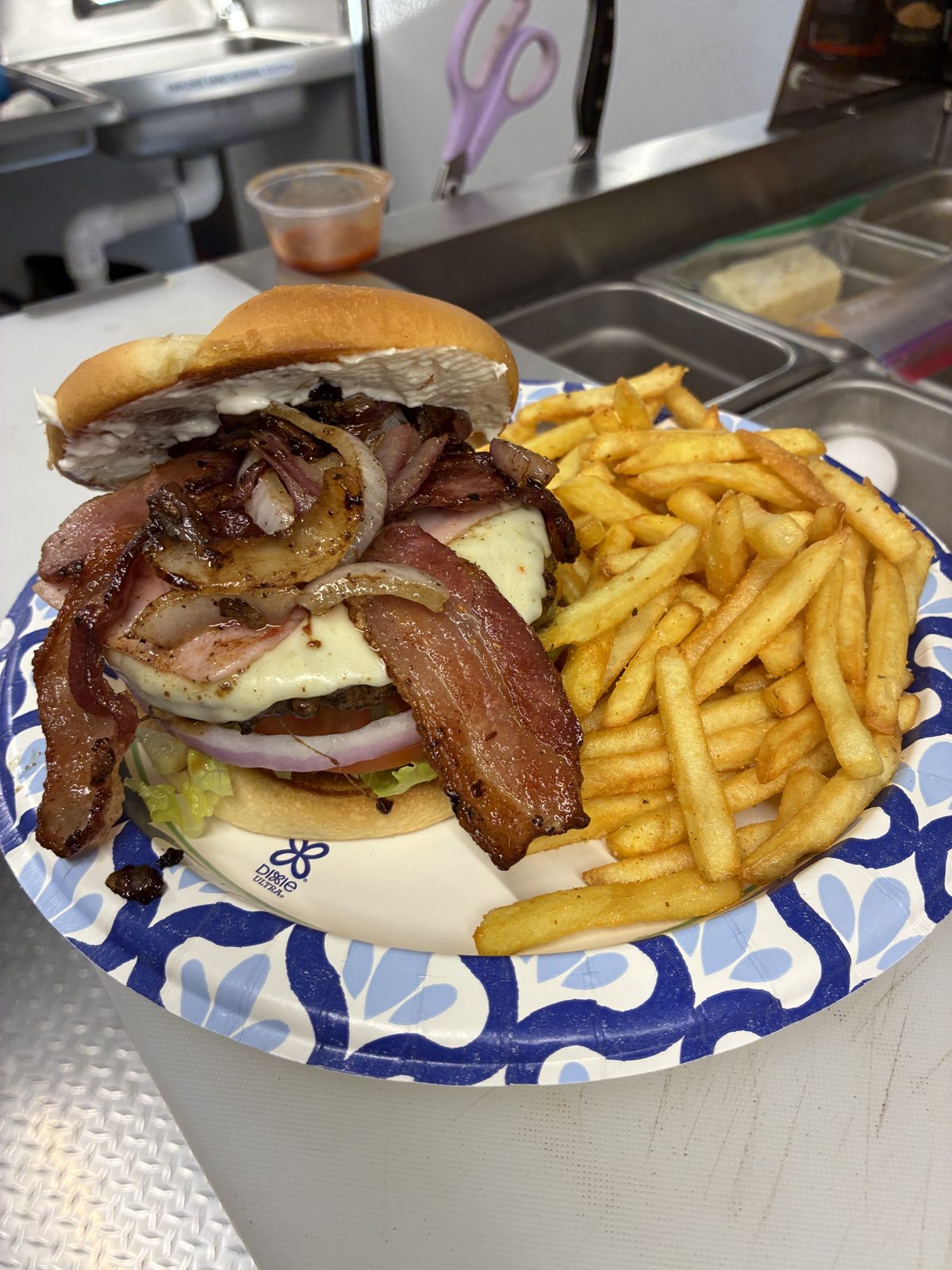 Bacon burger with fries